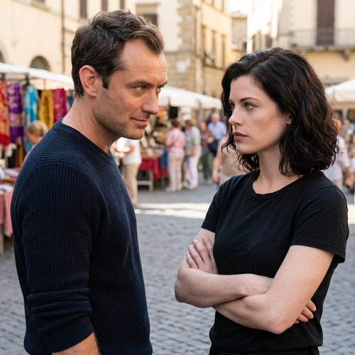 AI Design for Make both characters stare at each other. The man should look modern, with a jumper and looks at her with a smirk. She is serious and has her arms crossed over her chest.