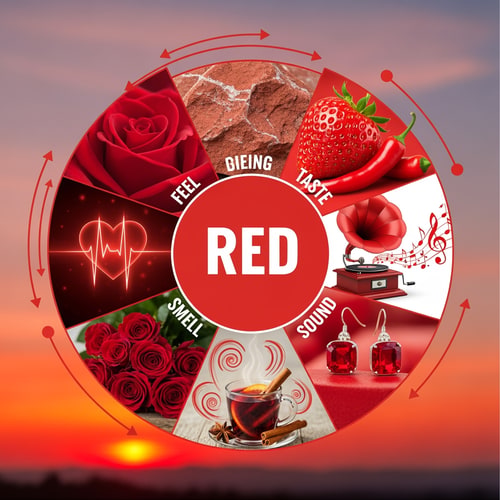 AI Design for soo please make any 5 things related to colour red they should include Feel,taste,sound and smell,welll put a circle in the middle saying red and around that circle put images or text
