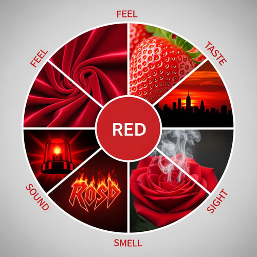 AI Design for soo please make any 5 things related to colour red they should include Feel,taste,sound and smell,welll put a circle in the middle saying red and around that circle put images or text