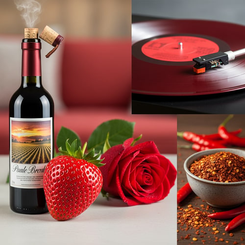 AI Design for soo please make any 5 things related to colour red they should include Feel,taste,sound and smell