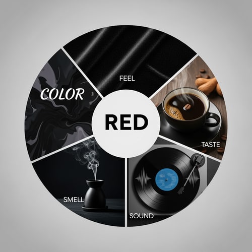 AI Design for soo please make any 5 things related to colour Black they should include Feel,taste,sound and smell,welll put a circle in the middle saying red and around that circle put images or text