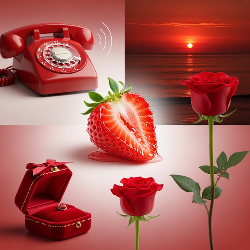 AI Design for soo please make any 5 things related to colour red they should include Feel,taste,sound and smell