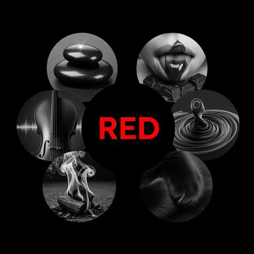 AI Design for soo please make any 5 things related to colour Black they should include Feel,taste,sound and smell,welll put a circle in the middle saying red and around that circle put images or text