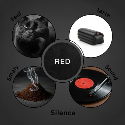 AI Design for soo please make any 5 things related to colour Black they should include Feel,taste,sound and smell,welll put a circle in the middle saying red and around that circle put images or text