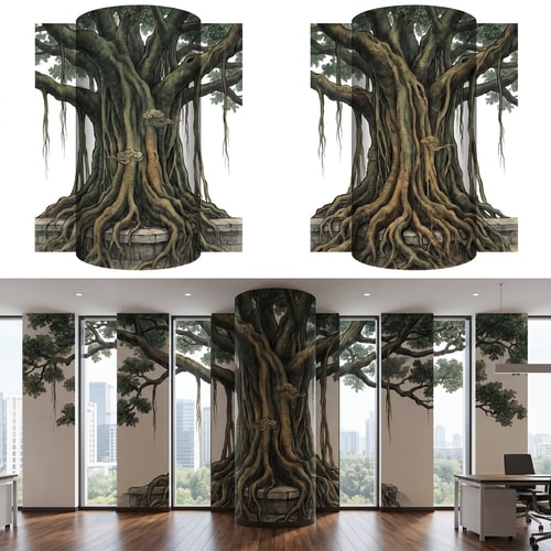 AI Design for 那你可不可以给我1.画一下这个柱子360度刚好左边右边可以接上的需要画的图片的平面图。seamless2.和后面那几块墙壁可以有什么设计的平面图。为企业办公楼五楼靠窗的定制大树，不仅仅是绿化，更是企业气运的图腾。你要的是“镇司之树”。 对风水（招财、稳定、贵人）和视觉（根茎粗壮、枝繁叶茂、参天大树）的双重需求，我将树种选择、风水象征、以及与特定空间（带竖墙分割的落地窗）结合的绘画方案。你看看使用梧桐，樟树黄葛树罗汉松梧桐榕树银杏中的一个哪个更适合这里的环境更好画，如果都差不多就用榕树或者罗汉松。哪个树种绘画效果更好就用哪个。然后这是一个企业文化严肃的企业。然后有几个方案你可以参考你的空间很有趣：一个主要的柱子 + 被竖墙分割的落地窗 + 窗外的其他企业与林木。这是一个绝佳的“借景”与“框景”机会。 1. 核心布局：让树“长”在柱子上，而非仅仅画在柱子上 处理方式：不要让树的图案平贴在柱子上，而是要创造出树干从柱子内部或与柱子融为一体的错觉。将柱子的四个面视为同一棵树的四面。 柱体正面（主树干）：画上树的主干，比如榕树那苍老虬结、充满力量感的主干，它的气根从上方垂下，有的已粗如儿臂，深深扎入柱子的“地面”。 柱体侧面 & 背面（透视与延续）：侧面和背面不是空白，而是画出粗壮的侧枝或另一条气根，环抱着柱子向后延伸。这样无论从办公室哪个角度看，这棵树都是立体的、鲜活的。 2. 巧妙处理“被分割的落地窗”：化缺陷为景深 几块竖墙将落地窗分割，这恰恰能创造多重空间感。 方案A：穿透空间的延伸（强烈推荐） 柱面为主：画的主干与主树冠在你所画的柱体正上方和两侧，形成第一层“华盖”。 竖墙为桥：将一根粗壮的枝干，大胆地从柱子上画出，并跨越柱子和窗户之间的物理空隙，直接蔓延到那几面竖墙上。 视觉效果：这根枝干仿佛从树的主体探出，伸向了落地窗。看画的人会产生错觉：这棵大树像《阿凡达》里的灵魂树一样，枝桠在整个空间中延伸，打破了室内外的界限，树冠仿佛笼罩着整个办公区。 方案B：框景与借景（更内敛雅致） 柱面与竖墙：将柱子和周围的竖墙作为前景，画上罗汉松或银杏的几枝造型优美的枝干与叶片，形成自然画框。 借窗外之景：窗外的其他建筑和树木是远景。你的“画框”将远景纳入，窗外的树是你的中景，而画在柱子和墙上的树枝是前景。这便构成了一幅“三重景深”的立体画，寓意企业胸怀广阔，纳天地之气。 第三部分：绘画细节技巧，让树“活”起来且“旺”起来 表现“根茎粗壮”： 银杏/樟树：强调主干露出地面的板根，像巨爪一样抓住地面。 榕树/黄葛树：表现气根和板根交错缠绕，创造出一种难以撼动的力量感。色彩上用深褐色、熟赭，强调肌理的沧桑和厚重。 表现“枝繁叶茂”： 运用“分层积墨”法：以深浅不一的绿色（从墨绿到嫩绿）层层点染，画出树冠的体积感和光影。亮部用偏暖的黄绿，象征财富与阳光；暗部用蓝绿，显得深邃稳重。 处理窗户分割处：跨越竖墙的枝干，其叶片可以画得稍微少一些，但枝条的线条要苍劲有力，如同书法，将视觉引导向窗外的光明，寓意“探出困境，开枝散叶”。 增加“气运”细节（点睛之笔）： 果实与嫩芽：在茂密的绿叶中，点缀一些不易察觉但象征丰收的细小果实（如罗汉松的红色罗汉果，或银杏果）。同时，枝头多画一些鹅黄色的嫩芽，代表源源不断的创新与生机。 隐藏的神兽与符号：在粗壮的树干肌理中，可以极其隐晦地融入瑞兽的形态。比如，一块树皮的纹理形似一只向上攀爬的“貔貅”，或者一根枝干的弯曲形态暗合“龙形”。这不是直白的画像，而是似像非像的巧合，让懂得的人会心一笑，增添神秘的力量感。 总结方案建议： 首选罗汉松或龙血树（形态稳如磐石，守住根基），次选梧桐（高耸入云，引入贵人）。 绘画时，以柱子为主干核心区，画出其如罗汉坐禅般沉稳或如巨龙腾空般有力的主干。将几面竖墙想象成树干的延伸或环绕的祥云，用苍劲的松枝或梧桐叶脉作为线条，将分割的空间串联起来。整个画面形成 ：“坚实的核心（柱子） + 延伸的气场（竖墙画） + 开阔的未来（落地窗外景）”，营造出“守得住财富，引得进贵人，看得见前景”的绝佳风水意涵。塑造“力拔山河”的树干：根部要像龙爪般盘旋抓地，向上逐渐变细，并在受光面用亮色（如赭石色加白）强调，在背光面用深褐色凹显立体感。关键技巧是用深色调子快速沿垂直方向轻扫制造树皮纵向纹理，让“粗壮感”瞬间呈现。 营造“遮天蔽日”的树冠：形状用整体轮廓概括后再细化，亮部留白；暗部加深增强层次感。关键技法是用小号画笔或海绵点彩，避免画得过满，适当露出一点背景，让厚重的树冠也显得通透而有呼吸感。 光线与氛围：由于是大落地窗，强烈建议按窗外自然光方向设计光影，画上“投影”能让大树与整个空间融为一体，视觉上更显宏伟。 墙绘风水“点气”：在画完前，于树干与地面接触的“根”部或“树洞”处，用特鲜艳的红色点上几笔（如树叶或藤蔓上的果实），按民间风水说法，有聚气、引动生机的作用，能让整个画“活”起来。 💡 场地环境适配小TIPS 你描述的环境（高楼、靠窗、窗外有树）有两大好处。首先，天然的景色就是最好的背景板，远处建筑的“虚”更能衬托出你画中大树的“实”，可以尝试将窗外远处的树木颜色融入你的画中，制造内外延伸的关联感。其次，落地窗的光线能营造天然圣光效果，建议按光线方向设计光影，让树根扎根于室内、树冠延伸到窗外的天空，实现“无限延伸”的视觉错觉。要画的是榕树。