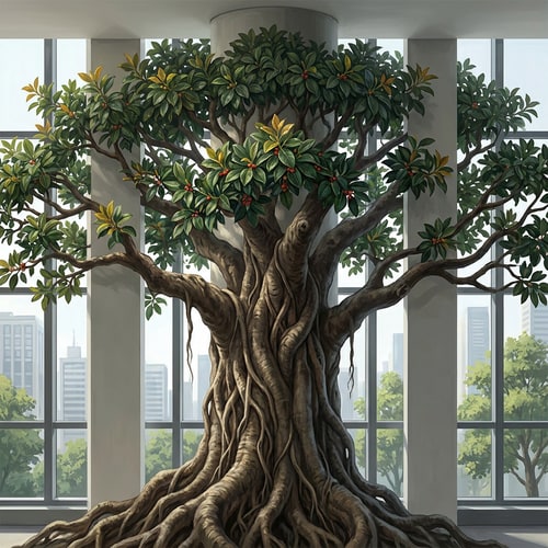 AI Design for 那你可不可以给我1.画一下这个柱子360度刚好左边右边可以接上的需要画的图片的平面图。seamless为企业办公楼五楼靠窗的定制大树，不仅仅是绿化，更是企业气运的图腾。你要的是“镇司之树”。 对风水（招财、稳定、贵人）和视觉（根茎粗壮、枝繁叶茂、参天大树）的双重需求，我将树种选择、风水象征、以及与特定空间（带竖墙分割的落地窗）结合的绘画方案。你看看使用梧桐，樟树黄葛树罗汉松梧桐榕树银杏中的一个哪个更适合这里的环境更好画，如果都差不多就用榕树或者罗汉松。哪个树种绘画效果更好就用哪个。然后这是一个企业文化严肃的企业。然后有几个方案你可以参考你的空间很有趣：一个主要的柱子 + 被竖墙分割的落地窗 + 窗外的其他企业与林木。这是一个绝佳的“借景”与“框景”机会。 1. 核心布局：让树“长”在柱子上，而非仅仅画在柱子上 处理方式：不要让树的图案平贴在柱子上，而是要创造出树干从柱子内部或与柱子融为一体的错觉。将柱子的四个面视为同一棵树的四面。 柱体正面（主树干）：画上树的主干，比如榕树那苍老虬结、充满力量感的主干，它的气根从上方垂下，有的已粗如儿臂，深深扎入柱子的“地面”。 柱体侧面 & 背面（透视与延续）：侧面和背面不是空白，而是画出粗壮的侧枝或另一条气根，环抱着柱子向后延伸。这样无论从办公室哪个角度看，这棵树都是立体的、鲜活的。 2. 巧妙处理“被分割的落地窗”：化缺陷为景深 几块竖墙将落地窗分割，这恰恰能创造多重空间感。 方案A：穿透空间的延伸（强烈推荐） 柱面为主：画的主干与主树冠在你所画的柱体正上方和两侧，形成第一层“华盖”。 竖墙为桥：将一根粗壮的枝干，大胆地从柱子上画出，并跨越柱子和窗户之间的物理空隙，直接蔓延到那几面竖墙上。 视觉效果：这根枝干仿佛从树的主体探出，伸向了落地窗。看画的人会产生错觉：这棵大树像《阿凡达》里的灵魂树一样，枝桠在整个空间中延伸，打破了室内外的界限，树冠仿佛笼罩着整个办公区。 方案B：框景与借景（更内敛雅致） 柱面与竖墙：将柱子和周围的竖墙作为前景，画上罗汉松或银杏的几枝造型优美的枝干与叶片，形成自然画框。 借窗外之景：窗外的其他建筑和树木是远景。你的“画框”将远景纳入，窗外的树是你的中景，而画在柱子和墙上的树枝是前景。这便构成了一幅“三重景深”的立体画，寓意企业胸怀广阔，纳天地之气。 第三部分：绘画细节技巧，让树“活”起来且“旺”起来 表现“根茎粗壮”： 银杏/樟树：强调主干露出地面的板根，像巨爪一样抓住地面。 榕树/黄葛树：表现气根和板根交错缠绕，创造出一种难以撼动的力量感。色彩上用深褐色、熟赭，强调肌理的沧桑和厚重。 表现“枝繁叶茂”： 运用“分层积墨”法：以深浅不一的绿色（从墨绿到嫩绿）层层点染，画出树冠的体积感和光影。亮部用偏暖的黄绿，象征财富与阳光；暗部用蓝绿，显得深邃稳重。 处理窗户分割处：跨越竖墙的枝干，其叶片可以画得稍微少一些，但枝条的线条要苍劲有力，如同书法，将视觉引导向窗外的光明，寓意“探出困境，开枝散叶”。 增加“气运”细节（点睛之笔）： 果实与嫩芽：在茂密的绿叶中，点缀一些不易察觉但象征丰收的细小果实（如罗汉松的红色罗汉果，或银杏果）。同时，枝头多画一些鹅黄色的嫩芽，代表源源不断的创新与生机。 隐藏的神兽与符号：在粗壮的树干肌理中，可以极其隐晦地融入瑞兽的形态。比如，一块树皮的纹理形似一只向上攀爬的“貔貅”，或者一根枝干的弯曲形态暗合“龙形”。这不是直白的画像，而是似像非像的巧合，让懂得的人会心一笑，增添神秘的力量感。 总结方案建议： 首选罗汉松或龙血树（形态稳如磐石，守住根基），次选梧桐（高耸入云，引入贵人）。 绘画时，以柱子为主干核心区，画出其如罗汉坐禅般沉稳或如巨龙腾空般有力的主干。将几面竖墙想象成树干的延伸或环绕的祥云，用苍劲的松枝或梧桐叶脉作为线条，将分割的空间串联起来。整个画面形成 ：“坚实的核心（柱子） + 延伸的气场（竖墙画） + 开阔的未来（落地窗外景）”，营造出“守得住财富，引得进贵人，看得见前景”的绝佳风水意涵。塑造“力拔山河”的树干：根部要像龙爪般盘旋抓地，向上逐渐变细，并在受光面用亮色（如赭石色加白）强调，在背光面用深褐色凹显立体感。关键技巧是用深色调子快速沿垂直方向轻扫制造树皮纵向纹理，让“粗壮感”瞬间呈现。 营造“遮天蔽日”的树冠：形状用整体轮廓概括后再细化，亮部留白；暗部加深增强层次感。关键技法是用小号画笔或海绵点彩，避免画得过满，适当露出一点背景，让厚重的树冠也显得通透而有呼吸感。 光线与氛围：由于是大落地窗，强烈建议按窗外自然光方向设计光影，画上“投影”能让大树与整个空间融为一体，视觉上更显宏伟。 墙绘风水“点气”：在画完前，于树干与地面接触的“根”部或“树洞”处，用特鲜艳的红色点上几笔（如树叶或藤蔓上的果实），按民间风水说法，有聚气、引动生机的作用，能让整个画“活”起来。 💡 场地环境适配小TIPS 你描述的环境（高楼、靠窗、窗外有树）有两大好处。首先，天然的景色就是最好的背景板，远处建筑的“虚”更能衬托出你画中大树的“实”，可以尝试将窗外远处的树木颜色融入你的画中，制造内外延伸的关联感。其次，落地窗的光线能营造天然圣光效果，建议按光线方向设计光影，让树根扎根于室内、树冠延伸到窗外的天空，实现“无限延伸”的视觉错觉。要画的是榕树。