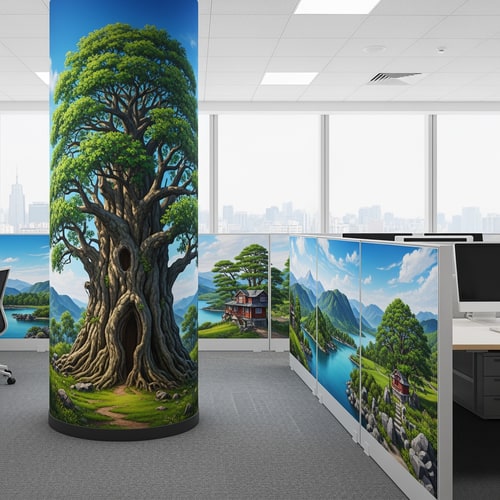 AI Design for 那你可不可以给我1.画一下这个柱子360度刚好左边右边可以接上的需要画的图片的平面图。seamless2.和后面那几块墙壁可以有什么设计的平面图。为企业办公楼五楼靠窗的定制大树，不仅仅是绿化，更是企业气运的图腾。你要的是“镇司之树”。 对风水（招财、稳定、贵人）和视觉（根茎粗壮、枝繁叶茂、参天大树）的双重需求，我将树种选择、风水象征、以及与特定空间（带竖墙分割的落地窗）结合的绘画方案。你看看使用梧桐，樟树黄葛树罗汉松梧桐榕树银杏中的一个哪个更适合这里的环境更好画，如果都差不多就用榕树或者罗汉松。哪个树种绘画效果更好就用哪个。然后这是一个企业文化严肃的企业。然后有几个方案你可以参考你的空间很有趣：一个主要的柱子 + 被竖墙分割的落地窗 + 窗外的其他企业与林木。这是一个绝佳的“借景”与“框景”机会。 1. 核心布局：让树“长”在柱子上，而非仅仅画在柱子上 处理方式：不要让树的图案平贴在柱子上，而是要创造出树干从柱子内部或与柱子融为一体的错觉。将柱子的四个面视为同一棵树的四面。 柱体正面（主树干）：画上树的主干，比如榕树那苍老虬结、充满力量感的主干，它的气根从上方垂下，有的已粗如儿臂，深深扎入柱子的“地面”。 柱体侧面 & 背面（透视与延续）：侧面和背面不是空白，而是画出粗壮的侧枝或另一条气根，环抱着柱子向后延伸。这样无论从办公室哪个角度看，这棵树都是立体的、鲜活的。 2. 巧妙处理“被分割的落地窗”：化缺陷为景深 几块竖墙将落地窗分割，这恰恰能创造多重空间感。 方案A：穿透空间的延伸（强烈推荐） 柱面为主：画的主干与主树冠在你所画的柱体正上方和两侧，形成第一层“华盖”。 竖墙为桥：将一根粗壮的枝干，大胆地从柱子上画出，并跨越柱子和窗户之间的物理空隙，直接蔓延到那几面竖墙上。 视觉效果：这根枝干仿佛从树的主体探出，伸向了落地窗。看画的人会产生错觉：这棵大树像《阿凡达》里的灵魂树一样，枝桠在整个空间中延伸，打破了室内外的界限，树冠仿佛笼罩着整个办公区。 方案B：框景与借景（更内敛雅致） 柱面与竖墙：将柱子和周围的竖墙作为前景，画上罗汉松或银杏的几枝造型优美的枝干与叶片，形成自然画框。 借窗外之景：窗外的其他建筑和树木是远景。你的“画框”将远景纳入，窗外的树是你的中景，而画在柱子和墙上的树枝是前景。这便构成了一幅“三重景深”的立体画，寓意企业胸怀广阔，纳天地之气。 第三部分：绘画细节技巧，让树“活”起来且“旺”起来 表现“根茎粗壮”： 银杏/樟树：强调主干露出地面的板根，像巨爪一样抓住地面。 榕树/黄葛树：表现气根和板根交错缠绕，创造出一种难以撼动的力量感。色彩上用深褐色、熟赭，强调肌理的沧桑和厚重。 表现“枝繁叶茂”： 运用“分层积墨”法：以深浅不一的绿色（从墨绿到嫩绿）层层点染，画出树冠的体积感和光影。亮部用偏暖的黄绿，象征财富与阳光；暗部用蓝绿，显得深邃稳重。 处理窗户分割处：跨越竖墙的枝干，其叶片可以画得稍微少一些，但枝条的线条要苍劲有力，如同书法，将视觉引导向窗外的光明，寓意“探出困境，开枝散叶”。 增加“气运”细节（点睛之笔）： 果实与嫩芽：在茂密的绿叶中，点缀一些不易察觉但象征丰收的细小果实（如罗汉松的红色罗汉果，或银杏果）。同时，枝头多画一些鹅黄色的嫩芽，代表源源不断的创新与生机。 隐藏的神兽与符号：在粗壮的树干肌理中，可以极其隐晦地融入瑞兽的形态。比如，一块树皮的纹理形似一只向上攀爬的“貔貅”，或者一根枝干的弯曲形态暗合“龙形”。这不是直白的画像，而是似像非像的巧合，让懂得的人会心一笑，增添神秘的力量感。 总结方案建议： 首选罗汉松或龙血树（形态稳如磐石，守住根基），次选梧桐（高耸入云，引入贵人）。 绘画时，以柱子为主干核心区，画出其如罗汉坐禅般沉稳或如巨龙腾空般有力的主干。将几面竖墙想象成树干的延伸或环绕的祥云，用苍劲的松枝或梧桐叶脉作为线条，将分割的空间串联起来。整个画面形成 ：“坚实的核心（柱子） + 延伸的气场（竖墙画） + 开阔的未来（落地窗外景）”，营造出“守得住财富，引得进贵人，看得见前景”的绝佳风水意涵。塑造“力拔山河”的树干：根部要像龙爪般盘旋抓地，向上逐渐变细，并在受光面用亮色（如赭石色加白）强调，在背光面用深褐色凹显立体感。关键技巧是用深色调子快速沿垂直方向轻扫制造树皮纵向纹理，让“粗壮感”瞬间呈现。 营造“遮天蔽日”的树冠：形状用整体轮廓概括后再细化，亮部留白；暗部加深增强层次感。关键技法是用小号画笔或海绵点彩，避免画得过满，适当露出一点背景，让厚重的树冠也显得通透而有呼吸感。 光线与氛围：由于是大落地窗，强烈建议按窗外自然光方向设计光影，画上“投影”能让大树与整个空间融为一体，视觉上更显宏伟。 墙绘风水“点气”：在画完前，于树干与地面接触的“根”部或“树洞”处，用特鲜艳的红色点上几笔（如树叶或藤蔓上的果实），按民间风水说法，有聚气、引动生机的作用，能让整个画“活”起来。 💡 场地环境适配小TIPS 你描述的环境（高楼、靠窗、窗外有树）有两大好处。首先，天然的景色就是最好的背景板，远处建筑的“虚”更能衬托出你画中大树的“实”，可以尝试将窗外远处的树木颜色融入你的画中，制造内外延伸的关联感。其次，落地窗的光线能营造天然圣光效果，建议按光线方向设计光影，让树根扎根于室内、树冠延伸到窗外的天空，实现“无限延伸”的视觉错觉。