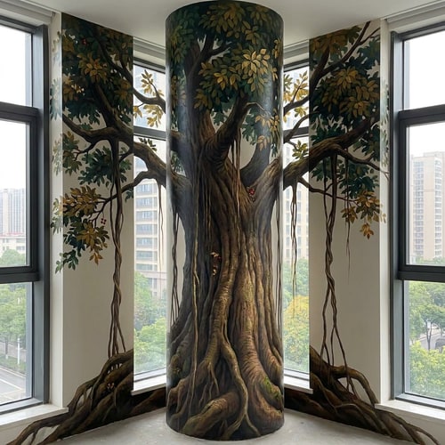 AI Design for 那你可不可以给我1.画一下这个柱子360度刚好左边右边可以接上的需要画的图片的平面图。seamless为企业办公楼五楼靠窗的定制大树，不仅仅是绿化，更是企业气运的图腾。你要的是“镇司之树”。 对风水（招财、稳定、贵人）和视觉（根茎粗壮、枝繁叶茂、参天大树）的双重需求，我将树种选择、风水象征、以及与特定空间（带竖墙分割的落地窗）结合的绘画方案。你看看使用梧桐，樟树黄葛树罗汉松梧桐榕树银杏中的一个哪个更适合这里的环境更好画，如果都差不多就用榕树或者罗汉松。哪个树种绘画效果更好就用哪个。然后这是一个企业文化严肃的企业。然后有几个方案你可以参考你的空间很有趣：一个主要的柱子 + 被竖墙分割的落地窗 + 窗外的其他企业与林木。这是一个绝佳的“借景”与“框景”机会。 1. 核心布局：让树“长”在柱子上，而非仅仅画在柱子上 处理方式：不要让树的图案平贴在柱子上，而是要创造出树干从柱子内部或与柱子融为一体的错觉。将柱子的四个面视为同一棵树的四面。 柱体正面（主树干）：画上树的主干，比如榕树那苍老虬结、充满力量感的主干，它的气根从上方垂下，有的已粗如儿臂，深深扎入柱子的“地面”。 柱体侧面 & 背面（透视与延续）：侧面和背面不是空白，而是画出粗壮的侧枝或另一条气根，环抱着柱子向后延伸。这样无论从办公室哪个角度看，这棵树都是立体的、鲜活的。 2. 巧妙处理“被分割的落地窗”：化缺陷为景深 几块竖墙将落地窗分割，这恰恰能创造多重空间感。 方案A：穿透空间的延伸（强烈推荐） 柱面为主：画的主干与主树冠在你所画的柱体正上方和两侧，形成第一层“华盖”。 竖墙为桥：将一根粗壮的枝干，大胆地从柱子上画出，并跨越柱子和窗户之间的物理空隙，直接蔓延到那几面竖墙上。 视觉效果：这根枝干仿佛从树的主体探出，伸向了落地窗。看画的人会产生错觉：这棵大树像《阿凡达》里的灵魂树一样，枝桠在整个空间中延伸，打破了室内外的界限，树冠仿佛笼罩着整个办公区。 方案B：框景与借景（更内敛雅致） 柱面与竖墙：将柱子和周围的竖墙作为前景，画上罗汉松或银杏的几枝造型优美的枝干与叶片，形成自然画框。 借窗外之景：窗外的其他建筑和树木是远景。你的“画框”将远景纳入，窗外的树是你的中景，而画在柱子和墙上的树枝是前景。这便构成了一幅“三重景深”的立体画，寓意企业胸怀广阔，纳天地之气。 第三部分：绘画细节技巧，让树“活”起来且“旺”起来 表现“根茎粗壮”： 银杏/樟树：强调主干露出地面的板根，像巨爪一样抓住地面。 榕树/黄葛树：表现气根和板根交错缠绕，创造出一种难以撼动的力量感。色彩上用深褐色、熟赭，强调肌理的沧桑和厚重。 表现“枝繁叶茂”： 运用“分层积墨”法：以深浅不一的绿色（从墨绿到嫩绿）层层点染，画出树冠的体积感和光影。亮部用偏暖的黄绿，象征财富与阳光；暗部用蓝绿，显得深邃稳重。 处理窗户分割处：跨越竖墙的枝干，其叶片可以画得稍微少一些，但枝条的线条要苍劲有力，如同书法，将视觉引导向窗外的光明，寓意“探出困境，开枝散叶”。 增加“气运”细节（点睛之笔）： 果实与嫩芽：在茂密的绿叶中，点缀一些不易察觉但象征丰收的细小果实（如罗汉松的红色罗汉果，或银杏果）。同时，枝头多画一些鹅黄色的嫩芽，代表源源不断的创新与生机。 隐藏的神兽与符号：在粗壮的树干肌理中，可以极其隐晦地融入瑞兽的形态。比如，一块树皮的纹理形似一只向上攀爬的“貔貅”，或者一根枝干的弯曲形态暗合“龙形”。这不是直白的画像，而是似像非像的巧合，让懂得的人会心一笑，增添神秘的力量感。 总结方案建议： 首选罗汉松或龙血树（形态稳如磐石，守住根基），次选梧桐（高耸入云，引入贵人）。 绘画时，以柱子为主干核心区，画出其如罗汉坐禅般沉稳或如巨龙腾空般有力的主干。将几面竖墙想象成树干的延伸或环绕的祥云，用苍劲的松枝或梧桐叶脉作为线条，将分割的空间串联起来。整个画面形成 ：“坚实的核心（柱子） + 延伸的气场（竖墙画） + 开阔的未来（落地窗外景）”，营造出“守得住财富，引得进贵人，看得见前景”的绝佳风水意涵。塑造“力拔山河”的树干：根部要像龙爪般盘旋抓地，向上逐渐变细，并在受光面用亮色（如赭石色加白）强调，在背光面用深褐色凹显立体感。关键技巧是用深色调子快速沿垂直方向轻扫制造树皮纵向纹理，让“粗壮感”瞬间呈现。 营造“遮天蔽日”的树冠：形状用整体轮廓概括后再细化，亮部留白；暗部加深增强层次感。关键技法是用小号画笔或海绵点彩，避免画得过满，适当露出一点背景，让厚重的树冠也显得通透而有呼吸感。 光线与氛围：由于是大落地窗，强烈建议按窗外自然光方向设计光影，画上“投影”能让大树与整个空间融为一体，视觉上更显宏伟。 墙绘风水“点气”：在画完前，于树干与地面接触的“根”部或“树洞”处，用特鲜艳的红色点上几笔（如树叶或藤蔓上的果实），按民间风水说法，有聚气、引动生机的作用，能让整个画“活”起来。 💡 场地环境适配小TIPS 你描述的环境（高楼、靠窗、窗外有树）有两大好处。首先，天然的景色就是最好的背景板，远处建筑的“虚”更能衬托出你画中大树的“实”，可以尝试将窗外远处的树木颜色融入你的画中，制造内外延伸的关联感。其次，落地窗的光线能营造天然圣光效果，建议按光线方向设计光影，让树根扎根于室内、树冠延伸到窗外的天空，实现“无限延伸”的视觉错觉。要画的是榕树。