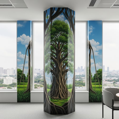 AI Design for 那你可不可以给我1.画一下这个柱子360度刚好可以接上的需要画的图片的平面图。但是天花板和地上不允许画。只能画柱子和后面的墙壁。为企业办公楼五楼靠窗的定制大树，不仅仅是绿化，更是企业气运的图腾。你要的是“镇司之树”。 对风水（招财、稳定、贵人）和视觉（根茎粗壮、枝繁叶茂、参天大树）的双重需求，我将树种选择、风水象征、以及与特定空间（带竖墙分割的落地窗）结合的绘画方案。你看看使用梧桐，樟树黄葛树罗汉松梧桐榕树银杏中的一个哪个更适合这里的环境更好画，如果都差不多就用榕树或者罗汉松。哪个树种绘画效果更好就用哪个。然后这是一个企业文化严肃的企业。然后有几个方案你可以参考你的空间很有趣：一个主要的柱子 + 被竖墙分割的落地窗 + 窗外的其他企业与林木。这是一个绝佳的“借景”与“框景”机会。 1. 核心布局：让树“长”在柱子上，而非仅仅画在柱子上 处理方式：不要让树的图案平贴在柱子上，而是要创造出树干从柱子内部或与柱子融为一体的错觉。将柱子的四个面视为同一棵树的四面。 柱体正面（主树干）：画上树的主干，比如榕树那苍老虬结、充满力量感的主干，它的气根从上方垂下，有的已粗如儿臂，深深扎入柱子的“地面”。 柱体侧面 & 背面（透视与延续）：侧面和背面不是空白，而是画出粗壮的侧枝或另一条气根，环抱着柱子向后延伸。这样无论从办公室哪个角度看，这棵树都是立体的、鲜活的。 2. 巧妙处理“被分割的落地窗”：化缺陷为景深 几块竖墙将落地窗分割，这恰恰能创造多重空间感。 方案A：穿透空间的延伸（强烈推荐） 柱面为主：画的主干与主树冠在你所画的柱体正上方和两侧，形成第一层“华盖”。 竖墙为桥：将一根粗壮的枝干，大胆地从柱子上画出，并跨越柱子和窗户之间的物理空隙，直接蔓延到那几面竖墙上。 视觉效果：这根枝干仿佛从树的主体探出，伸向了落地窗。看画的人会产生错觉：这棵大树像《阿凡达》里的灵魂树一样，枝桠在整个空间中延伸，打破了室内外的界限，树冠仿佛笼罩着整个办公区。 方案B：框景与借景（更内敛雅致） 柱面与竖墙：将柱子和周围的竖墙作为前景，画上罗汉松或银杏的几枝造型优美的枝干与叶片，形成自然画框。 借窗外之景：窗外的其他建筑和树木是远景。你的“画框”将远景纳入，窗外的树是你的中景，而画在柱子和墙上的树枝是前景。这便构成了一幅“三重景深”的立体画，寓意企业胸怀广阔，纳天地之气。 第三部分：绘画细节技巧，让树“活”起来且“旺”起来 表现“根茎粗壮”： 银杏/樟树：强调主干露出地面的板根，像巨爪一样抓住地面。 榕树/黄葛树：表现气根和板根交错缠绕，创造出一种难以撼动的力量感。色彩上用深褐色、熟赭，强调肌理的沧桑和厚重。 表现“枝繁叶茂”： 运用“分层积墨”法：以深浅不一的绿色（从墨绿到嫩绿）层层点染，画出树冠的体积感和光影。亮部用偏暖的黄绿，象征财富与阳光；暗部用蓝绿，显得深邃稳重。 处理窗户分割处：跨越竖墙的枝干，其叶片可以画得稍微少一些，但枝条的线条要苍劲有力，如同书法，将视觉引导向窗外的光明，寓意“探出困境，开枝散叶”。 增加“气运”细节（点睛之笔）： 果实与嫩芽：在茂密的绿叶中，点缀一些不易察觉但象征丰收的细小果实（如罗汉松的红色罗汉果，或银杏果）。同时，枝头多画一些鹅黄色的嫩芽，代表源源不断的创新与生机。 隐藏的神兽与符号：在粗壮的树干肌理中，可以极其隐晦地融入瑞兽的形态。比如，一块树皮的纹理形似一只向上攀爬的“貔貅”，或者一根枝干的弯曲形态暗合“龙形”。这不是直白的画像，而是似像非像的巧合，让懂得的人会心一笑，增添神秘的力量感。 总结方案建议： 首选罗汉松或龙血树（形态稳如磐石，守住根基），次选梧桐（高耸入云，引入贵人）。 绘画时，以柱子为主干核心区，画出其如罗汉坐禅般沉稳或如巨龙腾空般有力的主干。将几面竖墙想象成树干的延伸或环绕的祥云，用苍劲的松枝或梧桐叶脉作为线条，将分割的空间串联起来。整个画面形成 ：“坚实的核心（柱子） + 延伸的气场（竖墙画） + 开阔的未来（落地窗外景）”，营造出“守得住财富，引得进贵人，看得见前景”的绝佳风水意涵。塑造“力拔山河”的树干：根部要像龙爪般盘旋抓地，向上逐渐变细，并在受光面用亮色（如赭石色加白）强调，在背光面用深褐色凹显立体感。关键技巧是用深色调子快速沿垂直方向轻扫制造树皮纵向纹理，让“粗壮感”瞬间呈现。 营造“遮天蔽日”的树冠：形状用整体轮廓概括后再细化，亮部留白；暗部加深增强层次感。关键技法是用小号画笔或海绵点彩，避免画得过满，适当露出一点背景，让厚重的树冠也显得通透而有呼吸感。 光线与氛围：由于是大落地窗，强烈建议按窗外自然光方向设计光影，画上“投影”能让大树与整个空间融为一体，视觉上更显宏伟。 墙绘风水“点气”：在画完前，于树干与地面接触的“根”部或“树洞”处，用特鲜艳的红色点上几笔（如树叶或藤蔓上的果实），按民间风水说法，有聚气、引动生机的作用，能让整个画“活”起来。 💡 场地环境适配小TIPS 你描述的环境（高楼、靠窗、窗外有树）有两大好处。首先，天然的景色就是最好的背景板，远处建筑的“虚”更能衬托出你画中大树的“实”，可以尝试将窗外远处的树木颜色融入你的画中，制造内外延伸的关联感。其次，落地窗的光线能营造天然圣光效果，建议按光线方向设计光影，让树根扎根于室内、树冠延伸到窗外的天空，实现“无限延伸”的视觉错觉。