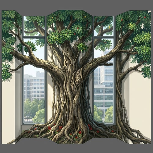AI Design for 那你可不可以给我1.画一下这个柱子360度刚好左边右边可以接上的需要画的图片的平面图。seamless为企业办公楼五楼靠窗的定制大树，不仅仅是绿化，更是企业气运的图腾。你要的是“镇司之树”。 对风水（招财、稳定、贵人）和视觉（根茎粗壮、枝繁叶茂、参天大树）的双重需求，我将树种选择、风水象征、以及与特定空间（带竖墙分割的落地窗）结合的绘画方案。你看看使用梧桐，樟树黄葛树罗汉松梧桐榕树银杏中的一个哪个更适合这里的环境更好画，如果都差不多就用榕树或者罗汉松。哪个树种绘画效果更好就用哪个。然后这是一个企业文化严肃的企业。然后有几个方案你可以参考你的空间很有趣：一个主要的柱子 + 被竖墙分割的落地窗 + 窗外的其他企业与林木。这是一个绝佳的“借景”与“框景”机会。 1. 核心布局：让树“长”在柱子上，而非仅仅画在柱子上 处理方式：不要让树的图案平贴在柱子上，而是要创造出树干从柱子内部或与柱子融为一体的错觉。将柱子的四个面视为同一棵树的四面。 柱体正面（主树干）：画上树的主干，比如榕树那苍老虬结、充满力量感的主干，它的气根从上方垂下，有的已粗如儿臂，深深扎入柱子的“地面”。 柱体侧面 & 背面（透视与延续）：侧面和背面不是空白，而是画出粗壮的侧枝或另一条气根，环抱着柱子向后延伸。这样无论从办公室哪个角度看，这棵树都是立体的、鲜活的。 2. 巧妙处理“被分割的落地窗”：化缺陷为景深 几块竖墙将落地窗分割，这恰恰能创造多重空间感。 方案A：穿透空间的延伸（强烈推荐） 柱面为主：画的主干与主树冠在你所画的柱体正上方和两侧，形成第一层“华盖”。 竖墙为桥：将一根粗壮的枝干，大胆地从柱子上画出，并跨越柱子和窗户之间的物理空隙，直接蔓延到那几面竖墙上。 视觉效果：这根枝干仿佛从树的主体探出，伸向了落地窗。看画的人会产生错觉：这棵大树像《阿凡达》里的灵魂树一样，枝桠在整个空间中延伸，打破了室内外的界限，树冠仿佛笼罩着整个办公区。 方案B：框景与借景（更内敛雅致） 柱面与竖墙：将柱子和周围的竖墙作为前景，画上罗汉松或银杏的几枝造型优美的枝干与叶片，形成自然画框。 借窗外之景：窗外的其他建筑和树木是远景。你的“画框”将远景纳入，窗外的树是你的中景，而画在柱子和墙上的树枝是前景。这便构成了一幅“三重景深”的立体画，寓意企业胸怀广阔，纳天地之气。 第三部分：绘画细节技巧，让树“活”起来且“旺”起来 表现“根茎粗壮”： 银杏/樟树：强调主干露出地面的板根，像巨爪一样抓住地面。 榕树/黄葛树：表现气根和板根交错缠绕，创造出一种难以撼动的力量感。色彩上用深褐色、熟赭，强调肌理的沧桑和厚重。 表现“枝繁叶茂”： 运用“分层积墨”法：以深浅不一的绿色（从墨绿到嫩绿）层层点染，画出树冠的体积感和光影。亮部用偏暖的黄绿，象征财富与阳光；暗部用蓝绿，显得深邃稳重。 处理窗户分割处：跨越竖墙的枝干，其叶片可以画得稍微少一些，但枝条的线条要苍劲有力，如同书法，将视觉引导向窗外的光明，寓意“探出困境，开枝散叶”。 增加“气运”细节（点睛之笔）： 果实与嫩芽：在茂密的绿叶中，点缀一些不易察觉但象征丰收的细小果实（如罗汉松的红色罗汉果，或银杏果）。同时，枝头多画一些鹅黄色的嫩芽，代表源源不断的创新与生机。 隐藏的神兽与符号：在粗壮的树干肌理中，可以极其隐晦地融入瑞兽的形态。比如，一块树皮的纹理形似一只向上攀爬的“貔貅”，或者一根枝干的弯曲形态暗合“龙形”。这不是直白的画像，而是似像非像的巧合，让懂得的人会心一笑，增添神秘的力量感。 总结方案建议： 首选罗汉松或龙血树（形态稳如磐石，守住根基），次选梧桐（高耸入云，引入贵人）。 绘画时，以柱子为主干核心区，画出其如罗汉坐禅般沉稳或如巨龙腾空般有力的主干。将几面竖墙想象成树干的延伸或环绕的祥云，用苍劲的松枝或梧桐叶脉作为线条，将分割的空间串联起来。整个画面形成 ：“坚实的核心（柱子） + 延伸的气场（竖墙画） + 开阔的未来（落地窗外景）”，营造出“守得住财富，引得进贵人，看得见前景”的绝佳风水意涵。塑造“力拔山河”的树干：根部要像龙爪般盘旋抓地，向上逐渐变细，并在受光面用亮色（如赭石色加白）强调，在背光面用深褐色凹显立体感。关键技巧是用深色调子快速沿垂直方向轻扫制造树皮纵向纹理，让“粗壮感”瞬间呈现。 营造“遮天蔽日”的树冠：形状用整体轮廓概括后再细化，亮部留白；暗部加深增强层次感。关键技法是用小号画笔或海绵点彩，避免画得过满，适当露出一点背景，让厚重的树冠也显得通透而有呼吸感。 光线与氛围：由于是大落地窗，强烈建议按窗外自然光方向设计光影，画上“投影”能让大树与整个空间融为一体，视觉上更显宏伟。 墙绘风水“点气”：在画完前，于树干与地面接触的“根”部或“树洞”处，用特鲜艳的红色点上几笔（如树叶或藤蔓上的果实），按民间风水说法，有聚气、引动生机的作用，能让整个画“活”起来。 💡 场地环境适配小TIPS 你描述的环境（高楼、靠窗、窗外有树）有两大好处。首先，天然的景色就是最好的背景板，远处建筑的“虚”更能衬托出你画中大树的“实”，可以尝试将窗外远处的树木颜色融入你的画中，制造内外延伸的关联感。其次，落地窗的光线能营造天然圣光效果，建议按光线方向设计光影，让树根扎根于室内、树冠延伸到窗外的天空，实现“无限延伸”的视觉错觉。要画的是榕树。