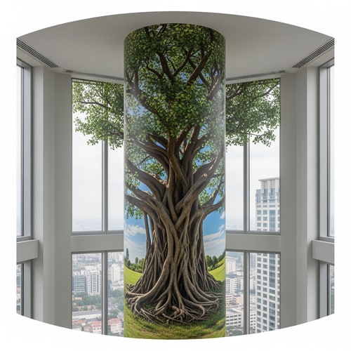 AI Design for 那你可不可以给我1.画一下这个柱子360度刚好可以接上的需要画的图片的平面图。但是天花板和地上不允许画。只能画柱子和后面的墙壁。为企业办公楼五楼靠窗的定制大树，不仅仅是绿化，更是企业气运的图腾。你要的是“镇司之树”。 对风水（招财、稳定、贵人）和视觉（根茎粗壮、枝繁叶茂、参天大树）的双重需求，我将树种选择、风水象征、以及与特定空间（带竖墙分割的落地窗）结合的绘画方案。你看看使用梧桐，樟树黄葛树罗汉松梧桐榕树银杏中的一个哪个更适合这里的环境更好画，如果都差不多就用榕树或者罗汉松。哪个树种绘画效果更好就用哪个。然后这是一个企业文化严肃的企业。然后有几个方案你可以参考你的空间很有趣：一个主要的柱子 + 被竖墙分割的落地窗 + 窗外的其他企业与林木。这是一个绝佳的“借景”与“框景”机会。 1. 核心布局：让树“长”在柱子上，而非仅仅画在柱子上 处理方式：不要让树的图案平贴在柱子上，而是要创造出树干从柱子内部或与柱子融为一体的错觉。将柱子的四个面视为同一棵树的四面。 柱体正面（主树干）：画上树的主干，比如榕树那苍老虬结、充满力量感的主干，它的气根从上方垂下，有的已粗如儿臂，深深扎入柱子的“地面”。 柱体侧面 & 背面（透视与延续）：侧面和背面不是空白，而是画出粗壮的侧枝或另一条气根，环抱着柱子向后延伸。这样无论从办公室哪个角度看，这棵树都是立体的、鲜活的。 2. 巧妙处理“被分割的落地窗”：化缺陷为景深 几块竖墙将落地窗分割，这恰恰能创造多重空间感。 方案A：穿透空间的延伸（强烈推荐） 柱面为主：画的主干与主树冠在你所画的柱体正上方和两侧，形成第一层“华盖”。 竖墙为桥：将一根粗壮的枝干，大胆地从柱子上画出，并跨越柱子和窗户之间的物理空隙，直接蔓延到那几面竖墙上。 视觉效果：这根枝干仿佛从树的主体探出，伸向了落地窗。看画的人会产生错觉：这棵大树像《阿凡达》里的灵魂树一样，枝桠在整个空间中延伸，打破了室内外的界限，树冠仿佛笼罩着整个办公区。 方案B：框景与借景（更内敛雅致） 柱面与竖墙：将柱子和周围的竖墙作为前景，画上罗汉松或银杏的几枝造型优美的枝干与叶片，形成自然画框。 借窗外之景：窗外的其他建筑和树木是远景。你的“画框”将远景纳入，窗外的树是你的中景，而画在柱子和墙上的树枝是前景。这便构成了一幅“三重景深”的立体画，寓意企业胸怀广阔，纳天地之气。 第三部分：绘画细节技巧，让树“活”起来且“旺”起来 表现“根茎粗壮”： 银杏/樟树：强调主干露出地面的板根，像巨爪一样抓住地面。 榕树/黄葛树：表现气根和板根交错缠绕，创造出一种难以撼动的力量感。色彩上用深褐色、熟赭，强调肌理的沧桑和厚重。 表现“枝繁叶茂”： 运用“分层积墨”法：以深浅不一的绿色（从墨绿到嫩绿）层层点染，画出树冠的体积感和光影。亮部用偏暖的黄绿，象征财富与阳光；暗部用蓝绿，显得深邃稳重。 处理窗户分割处：跨越竖墙的枝干，其叶片可以画得稍微少一些，但枝条的线条要苍劲有力，如同书法，将视觉引导向窗外的光明，寓意“探出困境，开枝散叶”。 增加“气运”细节（点睛之笔）： 果实与嫩芽：在茂密的绿叶中，点缀一些不易察觉但象征丰收的细小果实（如罗汉松的红色罗汉果，或银杏果）。同时，枝头多画一些鹅黄色的嫩芽，代表源源不断的创新与生机。 隐藏的神兽与符号：在粗壮的树干肌理中，可以极其隐晦地融入瑞兽的形态。比如，一块树皮的纹理形似一只向上攀爬的“貔貅”，或者一根枝干的弯曲形态暗合“龙形”。这不是直白的画像，而是似像非像的巧合，让懂得的人会心一笑，增添神秘的力量感。 总结方案建议： 首选罗汉松或龙血树（形态稳如磐石，守住根基），次选梧桐（高耸入云，引入贵人）。 绘画时，以柱子为主干核心区，画出其如罗汉坐禅般沉稳或如巨龙腾空般有力的主干。将几面竖墙想象成树干的延伸或环绕的祥云，用苍劲的松枝或梧桐叶脉作为线条，将分割的空间串联起来。整个画面形成 ：“坚实的核心（柱子） + 延伸的气场（竖墙画） + 开阔的未来（落地窗外景）”，营造出“守得住财富，引得进贵人，看得见前景”的绝佳风水意涵。塑造“力拔山河”的树干：根部要像龙爪般盘旋抓地，向上逐渐变细，并在受光面用亮色（如赭石色加白）强调，在背光面用深褐色凹显立体感。关键技巧是用深色调子快速沿垂直方向轻扫制造树皮纵向纹理，让“粗壮感”瞬间呈现。 营造“遮天蔽日”的树冠：形状用整体轮廓概括后再细化，亮部留白；暗部加深增强层次感。关键技法是用小号画笔或海绵点彩，避免画得过满，适当露出一点背景，让厚重的树冠也显得通透而有呼吸感。 光线与氛围：由于是大落地窗，强烈建议按窗外自然光方向设计光影，画上“投影”能让大树与整个空间融为一体，视觉上更显宏伟。 墙绘风水“点气”：在画完前，于树干与地面接触的“根”部或“树洞”处，用特鲜艳的红色点上几笔（如树叶或藤蔓上的果实），按民间风水说法，有聚气、引动生机的作用，能让整个画“活”起来。 💡 场地环境适配小TIPS 你描述的环境（高楼、靠窗、窗外有树）有两大好处。首先，天然的景色就是最好的背景板，远处建筑的“虚”更能衬托出你画中大树的“实”，可以尝试将窗外远处的树木颜色融入你的画中，制造内外延伸的关联感。其次，落地窗的光线能营造天然圣光效果，建议按光线方向设计光影，让树根扎根于室内、树冠延伸到窗外的天空，实现“无限延伸”的视觉错觉。