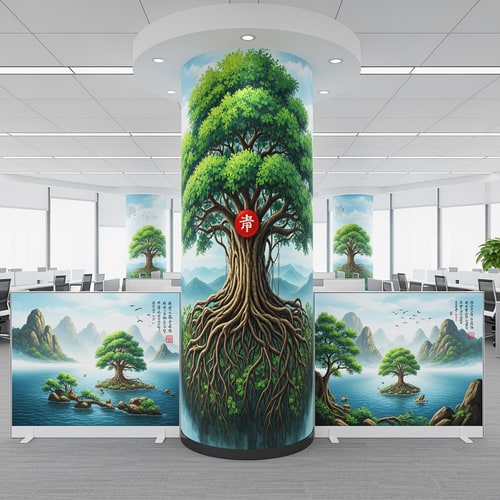 AI Design for 那你可不可以给我1.画一下这个柱子360度刚好左边右边可以接上的需要画的图片的平面图。seamless2.和后面那几块墙壁可以有什么设计的平面图。为企业办公楼五楼靠窗的定制大树，不仅仅是绿化，更是企业气运的图腾。你要的是“镇司之树”。 对风水（招财、稳定、贵人）和视觉（根茎粗壮、枝繁叶茂、参天大树）的双重需求，我将树种选择、风水象征、以及与特定空间（带竖墙分割的落地窗）结合的绘画方案。你看看使用梧桐，樟树黄葛树罗汉松梧桐榕树银杏中的一个哪个更适合这里的环境更好画，如果都差不多就用榕树或者罗汉松。哪个树种绘画效果更好就用哪个。然后这是一个企业文化严肃的企业。然后有几个方案你可以参考你的空间很有趣：一个主要的柱子 + 被竖墙分割的落地窗 + 窗外的其他企业与林木。这是一个绝佳的“借景”与“框景”机会。 1. 核心布局：让树“长”在柱子上，而非仅仅画在柱子上 处理方式：不要让树的图案平贴在柱子上，而是要创造出树干从柱子内部或与柱子融为一体的错觉。将柱子的四个面视为同一棵树的四面。 柱体正面（主树干）：画上树的主干，比如榕树那苍老虬结、充满力量感的主干，它的气根从上方垂下，有的已粗如儿臂，深深扎入柱子的“地面”。 柱体侧面 & 背面（透视与延续）：侧面和背面不是空白，而是画出粗壮的侧枝或另一条气根，环抱着柱子向后延伸。这样无论从办公室哪个角度看，这棵树都是立体的、鲜活的。 2. 巧妙处理“被分割的落地窗”：化缺陷为景深 几块竖墙将落地窗分割，这恰恰能创造多重空间感。 方案A：穿透空间的延伸（强烈推荐） 柱面为主：画的主干与主树冠在你所画的柱体正上方和两侧，形成第一层“华盖”。 竖墙为桥：将一根粗壮的枝干，大胆地从柱子上画出，并跨越柱子和窗户之间的物理空隙，直接蔓延到那几面竖墙上。 视觉效果：这根枝干仿佛从树的主体探出，伸向了落地窗。看画的人会产生错觉：这棵大树像《阿凡达》里的灵魂树一样，枝桠在整个空间中延伸，打破了室内外的界限，树冠仿佛笼罩着整个办公区。 方案B：框景与借景（更内敛雅致） 柱面与竖墙：将柱子和周围的竖墙作为前景，画上罗汉松或银杏的几枝造型优美的枝干与叶片，形成自然画框。 借窗外之景：窗外的其他建筑和树木是远景。你的“画框”将远景纳入，窗外的树是你的中景，而画在柱子和墙上的树枝是前景。这便构成了一幅“三重景深”的立体画，寓意企业胸怀广阔，纳天地之气。 第三部分：绘画细节技巧，让树“活”起来且“旺”起来 表现“根茎粗壮”： 银杏/樟树：强调主干露出地面的板根，像巨爪一样抓住地面。 榕树/黄葛树：表现气根和板根交错缠绕，创造出一种难以撼动的力量感。色彩上用深褐色、熟赭，强调肌理的沧桑和厚重。 表现“枝繁叶茂”： 运用“分层积墨”法：以深浅不一的绿色（从墨绿到嫩绿）层层点染，画出树冠的体积感和光影。亮部用偏暖的黄绿，象征财富与阳光；暗部用蓝绿，显得深邃稳重。 处理窗户分割处：跨越竖墙的枝干，其叶片可以画得稍微少一些，但枝条的线条要苍劲有力，如同书法，将视觉引导向窗外的光明，寓意“探出困境，开枝散叶”。 增加“气运”细节（点睛之笔）： 果实与嫩芽：在茂密的绿叶中，点缀一些不易察觉但象征丰收的细小果实（如罗汉松的红色罗汉果，或银杏果）。同时，枝头多画一些鹅黄色的嫩芽，代表源源不断的创新与生机。 隐藏的神兽与符号：在粗壮的树干肌理中，可以极其隐晦地融入瑞兽的形态。比如，一块树皮的纹理形似一只向上攀爬的“貔貅”，或者一根枝干的弯曲形态暗合“龙形”。这不是直白的画像，而是似像非像的巧合，让懂得的人会心一笑，增添神秘的力量感。 总结方案建议： 首选罗汉松或龙血树（形态稳如磐石，守住根基），次选梧桐（高耸入云，引入贵人）。 绘画时，以柱子为主干核心区，画出其如罗汉坐禅般沉稳或如巨龙腾空般有力的主干。将几面竖墙想象成树干的延伸或环绕的祥云，用苍劲的松枝或梧桐叶脉作为线条，将分割的空间串联起来。整个画面形成 ：“坚实的核心（柱子） + 延伸的气场（竖墙画） + 开阔的未来（落地窗外景）”，营造出“守得住财富，引得进贵人，看得见前景”的绝佳风水意涵。塑造“力拔山河”的树干：根部要像龙爪般盘旋抓地，向上逐渐变细，并在受光面用亮色（如赭石色加白）强调，在背光面用深褐色凹显立体感。关键技巧是用深色调子快速沿垂直方向轻扫制造树皮纵向纹理，让“粗壮感”瞬间呈现。 营造“遮天蔽日”的树冠：形状用整体轮廓概括后再细化，亮部留白；暗部加深增强层次感。关键技法是用小号画笔或海绵点彩，避免画得过满，适当露出一点背景，让厚重的树冠也显得通透而有呼吸感。 光线与氛围：由于是大落地窗，强烈建议按窗外自然光方向设计光影，画上“投影”能让大树与整个空间融为一体，视觉上更显宏伟。 墙绘风水“点气”：在画完前，于树干与地面接触的“根”部或“树洞”处，用特鲜艳的红色点上几笔（如树叶或藤蔓上的果实），按民间风水说法，有聚气、引动生机的作用，能让整个画“活”起来。 💡 场地环境适配小TIPS 你描述的环境（高楼、靠窗、窗外有树）有两大好处。首先，天然的景色就是最好的背景板，远处建筑的“虚”更能衬托出你画中大树的“实”，可以尝试将窗外远处的树木颜色融入你的画中，制造内外延伸的关联感。其次，落地窗的光线能营造天然圣光效果，建议按光线方向设计光影，让树根扎根于室内、树冠延伸到窗外的天空，实现“无限延伸”的视觉错觉。