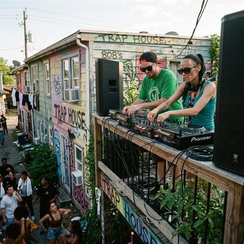 AI Design for the couple djing ontop of a trap house