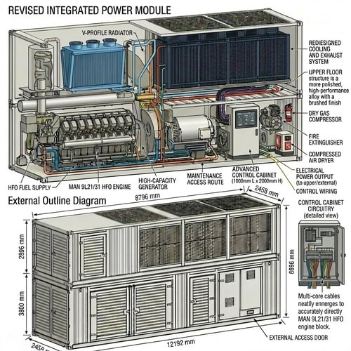 AI Design for Please refer to this drawing and arrange the various water pipes, oil lines, and control cables inside the Revised Integrated Power Module more accurately and neatly according to the existing equipment. Ensure the control cabinet circuitry is accurately connected to the HFO Engine. The Maintenance Access Route requires a larger space; please design and label it.