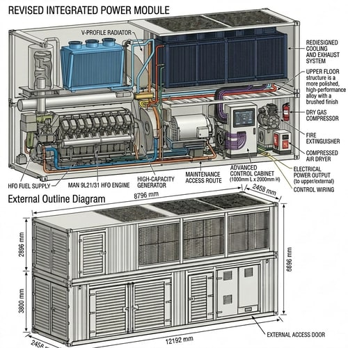 AI Design for Please modify the layout of the structure in the Internal Layout Diagram, refining the design of the white muffler on the far left of the upper layer. This device needs to connect to the MAN 9L21/31 scheduler below via piping, referring to the actual layout of the MAN 9L21/31. The light blue radiator on the right should be designed with a V-shaped structure on the side, but retain its original shape when viewed from the front. The longer dark blue radiator behind also needs a more detailed redesign, but it is essential to maintain the original design position in the drawings and not change its placement. The upper container is 12192mm long, 2458mm wide, and 2896mm high. Based on this, create a more aesthetically pleasing redesign, and use different colors to label the water pipes and electrical circuits between the radiators and mufflers. The lower container is 12192mm long, 2458mm wide, and 3800mm high. On the far left is a MAN 9L21/31 heavy oil engine, and to its right is a generator. These two devices need to be together. Please design the aesthetically pleasing shape based on the actual equipment and select a suitable generator. The total dimensions of these two devices are 8796mm. Please leave some space to their right for a maintenance passage. To the right of the maintenance passage is a control cabinet 1000mm long and 2000mm high, equipped with a screen. To the right of the control cabinet is a dry gas compressor and fire-fighting equipment. The layout of electrical wiring, water pipes, and oil pipes also needs to be shown. Please refer to similar product layouts currently available worldwide and optimize them in detail to generate a more aesthetically pleasing design.