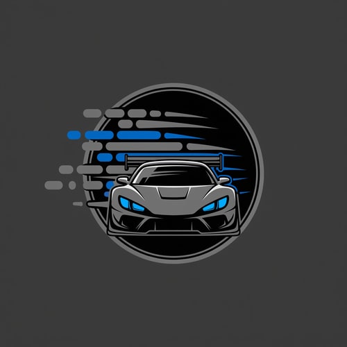AI Design for A circular gaming emblem featuring abstract motion lines and a sleek, stylized silhouette of a racing car front. Clean, modern aesthetic, minimalist design, monochromatic color scheme with one accent color. Flat design, symmetrical, isolated on a solid dark grey background, professional e-sports branding.