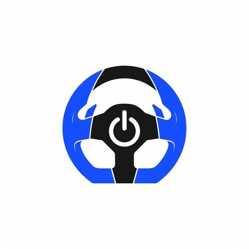 AI Design for A modern, minimalist logo mark featuring a sleek geometric racing steering wheel integrated with a power button icon. Flat vector design, bold lines, solid vibrant electric blue and matte black color palette. Clean white background, centered composition, high-contrast, professional gaming aesthetic.
