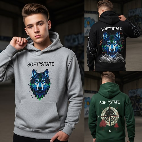 AI Design for Créame un diseño de ropa de adolescente chico q ponga Soft°State y q sean sudaderas y q tenga por detrás un diseño bien chulo masculino