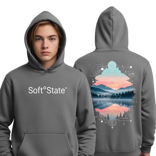AI Design for Créame un diseño de ropa de adolescente chico q ponga Soft°State y que sea una sudadera con un diseño guapo por detras