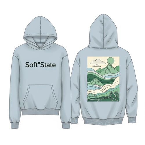 AI Design for Créame un diseño de ropa de adolescente chico q ponga Soft°State y que sea una sudadera con un diseño guapo por detras
