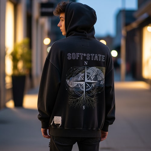 AI Design for Créame un diseño de ropa de adolescente chico q ponga Soft°State y q sean sudaderas y q tenga por detrás un diseño bien chulo masculino y q no sea muy de niño