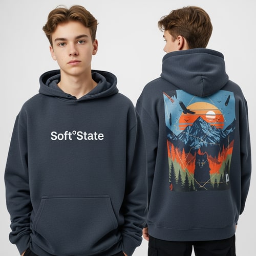 AI Design for Créame un diseño de ropa de adolescente chico q ponga Soft°State y q sean sudaderas y q tenga por detrás un diseño bien chulo masculino
