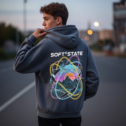 AI Design for Créame un diseño de ropa de adolescente chico q ponga Soft°State y que sea una sudadera con un diseño guapo por detras