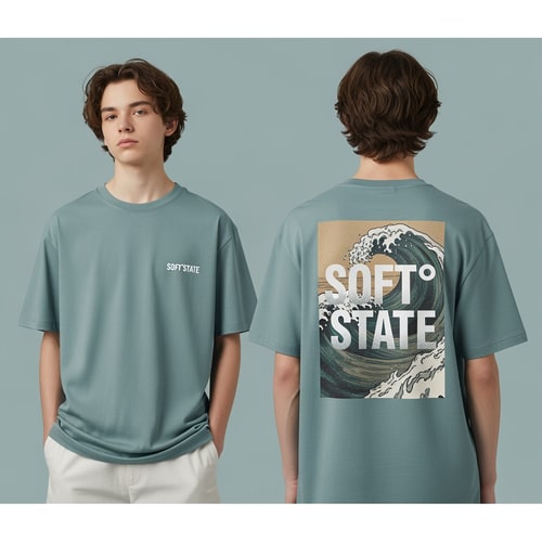 AI Design for Créame un diseño de ropa de adolescente chico q ponga Soft°State y que sea una camiseta con un diseño guapo por detras