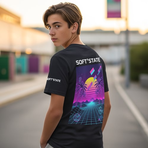 AI Design for Créame un diseño de ropa de adolescente chico q ponga Soft°State y que sea una camiseta con un diseño guapo por detras