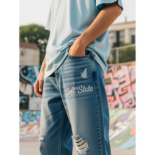 AI Design for Créame un diseño de ropa de adolescente chico q ponga Soft°State y q sean pantalones baqueros