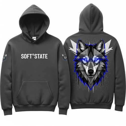 AI Design for Créame un diseño de ropa de adolescente chico q ponga Soft°State y q sean sudaderas y q tenga por detrás un diseño bien chulo masculino y q no sea muy de niño