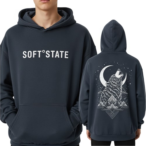 AI Design for Créame un diseño de ropa de adolescente chico q ponga Soft°State y q sean sudaderas y q tenga por detrás un diseño bien chulo masculino