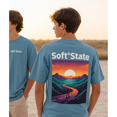 AI Design for Créame un diseño de ropa de adolescente chico q ponga Soft°State y que sea una camiseta con un diseño guapo por detras