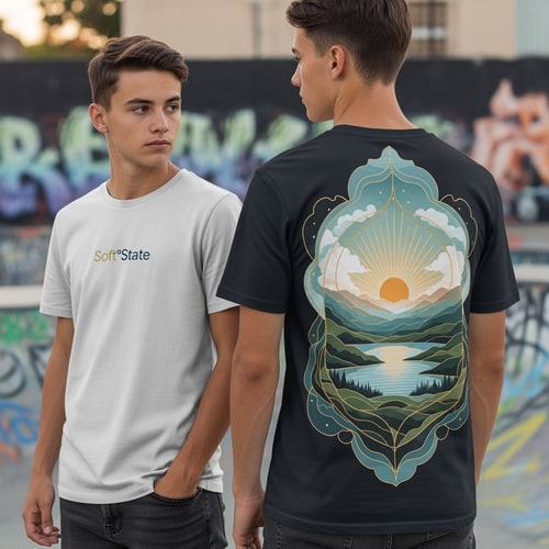 AI Design for Créame un diseño de ropa de adolescente chico q ponga Soft°State y que sea una camiseta con un diseño guapo por detras