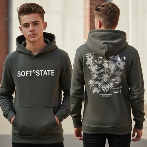 AI Design for Créame un diseño de ropa de adolescente chico q ponga Soft°State y q sean sudaderas y q tenga por detrás un diseño bien chulo masculino y q no sea muy de niño