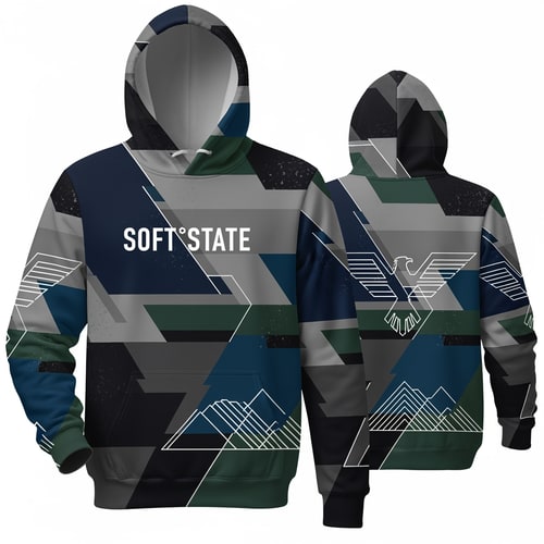 AI Design for Créame un diseño de ropa de adolescente chico q ponga Soft°State y q sean sudaderas y q tenga por detrás un diseño bien chulo masculino y q no sea muy de niño