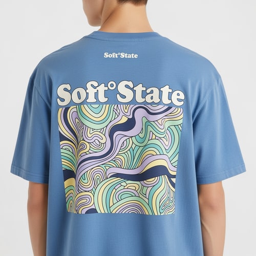 AI Design for Créame un diseño de ropa de adolescente chico q ponga Soft°State y que sea una camiseta con un diseño guapo por detras
