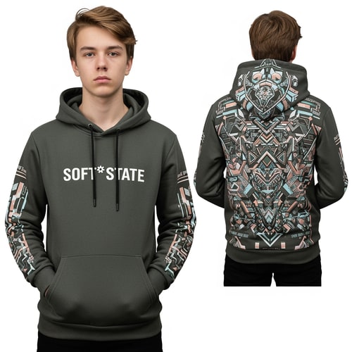AI Design for Créame un diseño de ropa de adolescente chico q ponga Soft°State y q sean sudaderas y q tenga por detrás un diseño bien chulo masculino y q no sea muy de niño