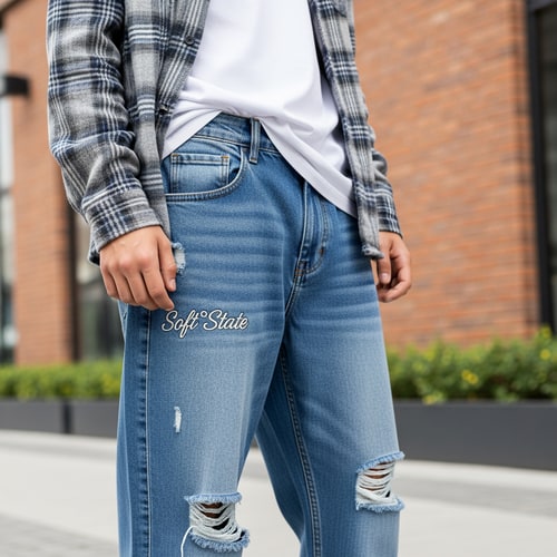 AI Design for Créame un diseño de ropa de adolescente chico q ponga Soft°State y q sean pantalones baqueros