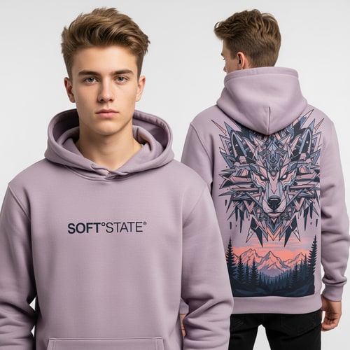 AI Design for Créame un diseño de ropa de adolescente chico q ponga Soft°State y q sean sudaderas y q tenga por detrás un diseño bien chulo masculino y q no sea muy de niño