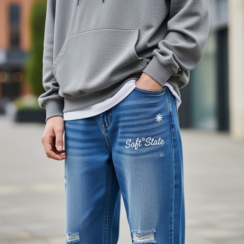 AI Design for Créame un diseño de ropa de adolescente chico q ponga Soft°State y q sean pantalones baqueros