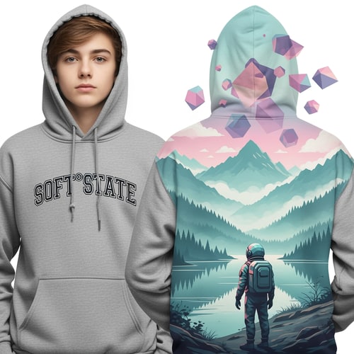 AI Design for Créame un diseño de ropa de adolescente chico q ponga Soft°State y que sea una sudadera con un diseño guapo por detras