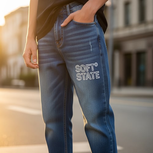 AI Design for Créame un diseño de ropa de adolescente chico q ponga Soft°State y q sean pantalones baqueros