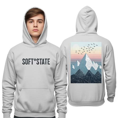AI Design for Créame un diseño de ropa de adolescente chico q ponga Soft°State y que sea una sudadera con un diseño guapo por detras