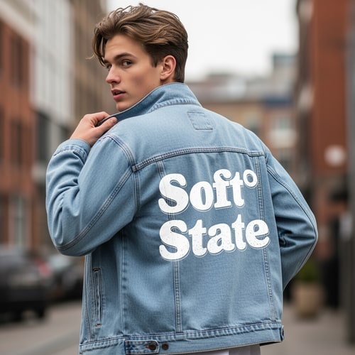 AI Design for Créame un diseño de ropa de adolescente chico q ponga Soft°State y que sea una chaqueta