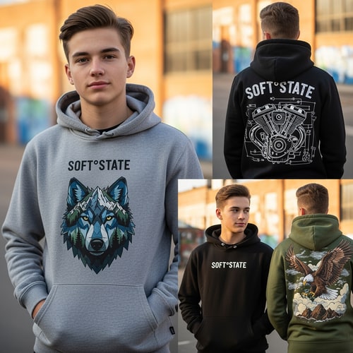 AI Design for Créame un diseño de ropa de adolescente chico q ponga Soft°State y q sean sudaderas y q tenga por detrás un diseño bien chulo masculino
