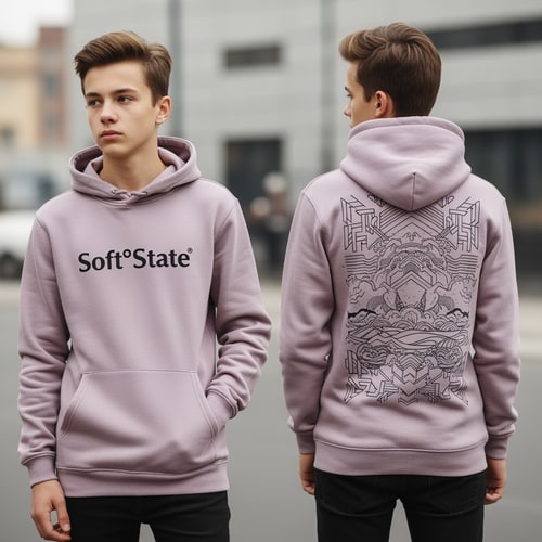 AI Design for Créame un diseño de ropa de adolescente chico q ponga Soft°State y q sean sudaderas y q tenga por detrás un diseño bien chulo masculino