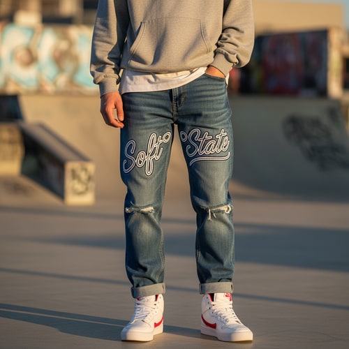 AI Design for Créame un diseño de ropa de adolescente chico q ponga Soft°State y q sean pantalones baqueros