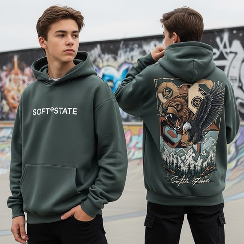 AI Design for Créame un diseño de ropa de adolescente chico q ponga Soft°State y q sean sudaderas y q tenga por detrás un diseño bien chulo masculino