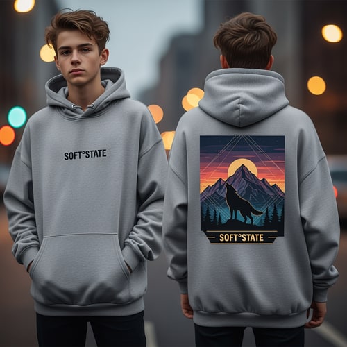 AI Design for Créame un diseño de ropa de adolescente chico q ponga Soft°State y q sean sudaderas y q tenga por detrás un diseño bien chulo masculino